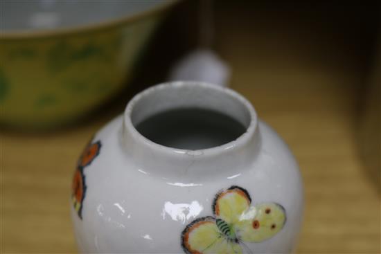 A Chinese yellow ground bowl, Qianlong mark and a Qianlong bianco sopra bianco insect tea caddy Height of vase 10cm